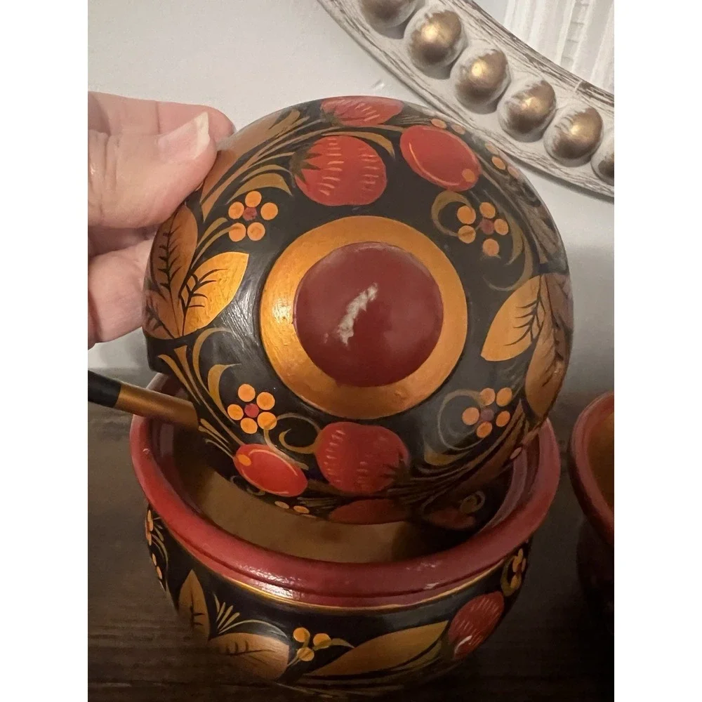 Vintage Russian Khokhloma Wooden Sugar Bowl w Lid Spoon & 2 Bowls Hand Painted